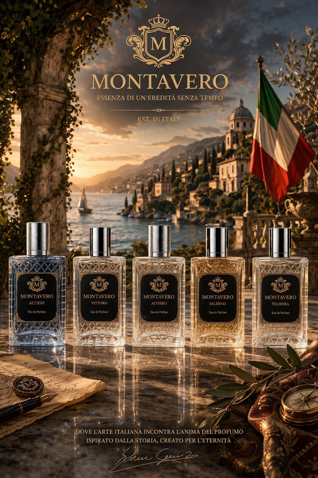 Five luxury Montavero perfume bottles displayed on a reflective surface with an Italian lakeside villa and Italian flag in the background