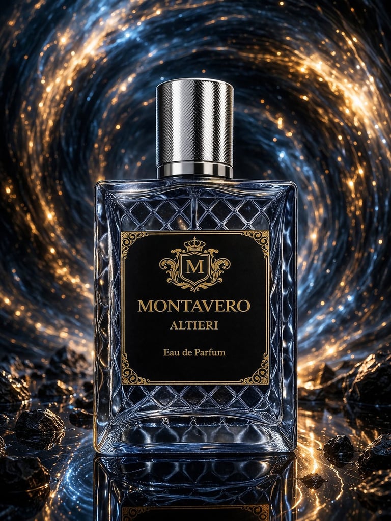 Montavero Altieri Eau de Parfum bottle with metallic cap on cosmic gold and blue background